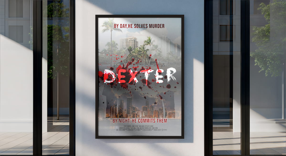 Concept movie poster design for the TV series Dexter exploring moral duality through contrasting imagery and blood textures