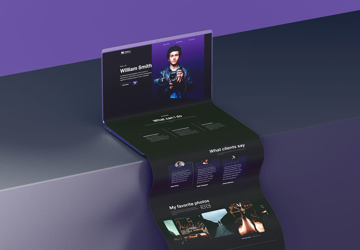 Dark mode photographer portfolio website mockup showing scrollable layout with services, testimonials, and image gallery