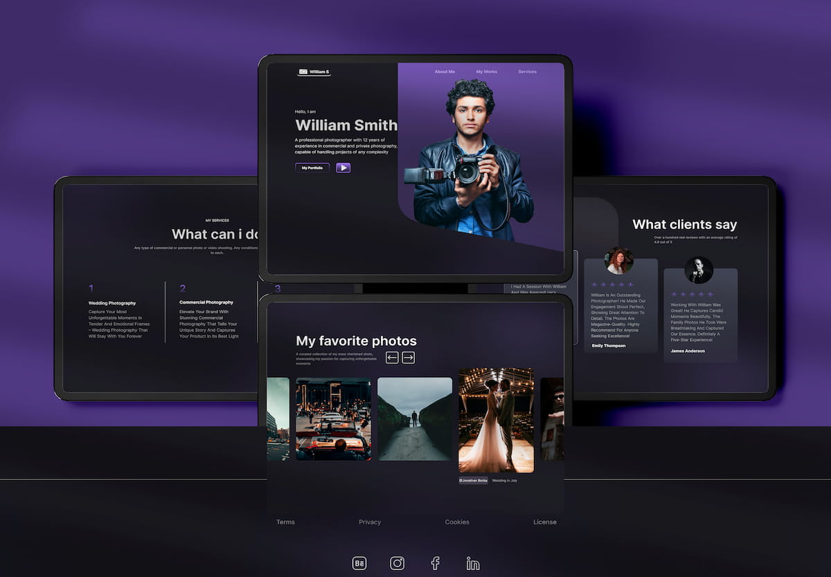 Dark mode website visual design concept for a professional photographer featuring portfolio, services, and testimonials sections