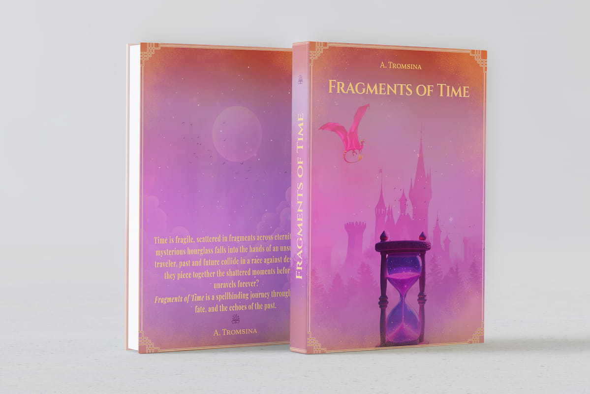 Fragments of Time book cover mockup showcasing spine and cover details in a physical presentation